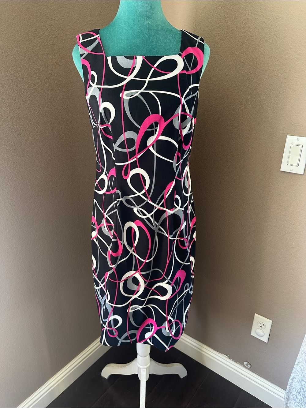 Alyx Black Midi Dress with Pink & White Swirl Pattern